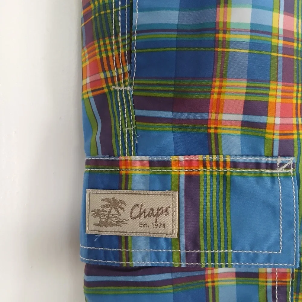 Chaps Swim Trunks Mens Medium Blue Plaid Cargo Pocket Board Shorts
